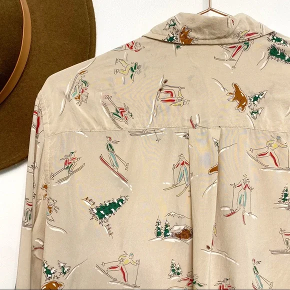 vintage | evan piccone skiing skating winter fun print silk blouse m - Picture 9 of 12